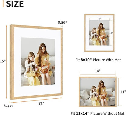 11x14 Picture Frame Set of 4, Displays 8x10 with Mat or 11x14 Without Mat, Photo Frames for Wall Hanging or Tabletop, Includes HD Plexiglass, Light Wood Grain