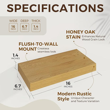 Dreamland 16 Inches Floating Shelves for Wall, 6.7 Inch Deep Floating Shelves Set of 2, Large Display & Storage Shelf, Wall Shelf for Bathroom Bedroom Living Room Kitchen Office,Oak