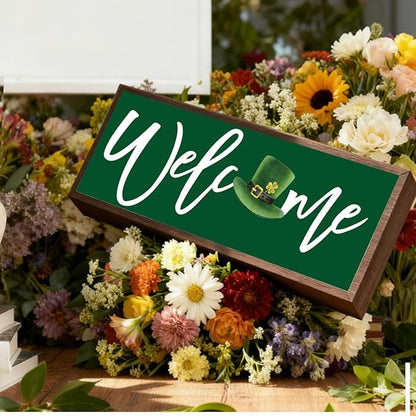 Welcome Desk Sign, St Patricks Day Wooden Table Sign, Green Irish Decor Signs, Welcome Home Decor, Front Door Decoration for Shelf, Porch Decors, Rustic Farmhouse Decors, 9.5x3.1x1 inches