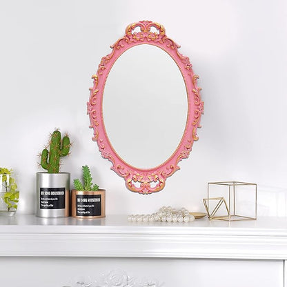 2PACK - Vintage Decorative Pink Framed Mirror, Wall Hanging Mirrors & Tabletop Tray for Bedroom Living Room Dresser Decor, Oval- 9.6" W x 14.3" L (PINK-2PACK)