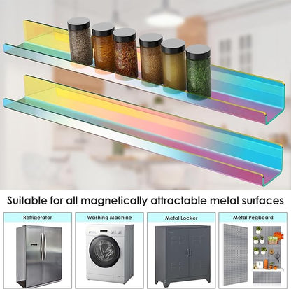 NiHome Set of 2 Magnetic Acrylic Floating Book Shelves, 24 Inches Long for Whiteboard, Classroom and Fridge Storage, Holds Up to 8.5 lbs, Sleek Design Organizer for Large Picture Adhesive (Iridescent)