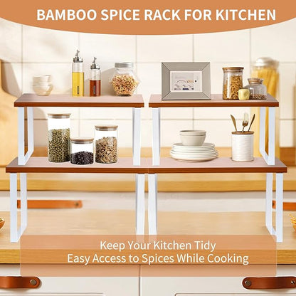Cabinet Organizer Shelf, Set of 2 Expandable Kitchen Countertop Shelves with Spice Rack - Stackable Storage in Metal and Wood15.7 inches (Bamboo Color)