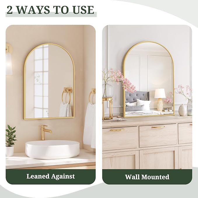 Arched Wall Mirror 30x20 Inch Gold Bathroom Vanity Mirror with Metal Frame, Modern Arch Mirror for Bedroom, Living Room, Entryway, Wall Mounted Decorative Mirror
