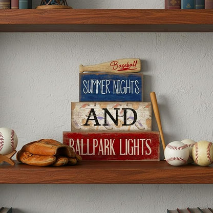4 Pcs Baseball Decorations Stacked Wooden Blocks Signs with Bat Topper, Summer Nights Ballpark Lights Decor - Baseball Table Decor Ideal Gift for Fans Boys Room Party Coffee Shelf