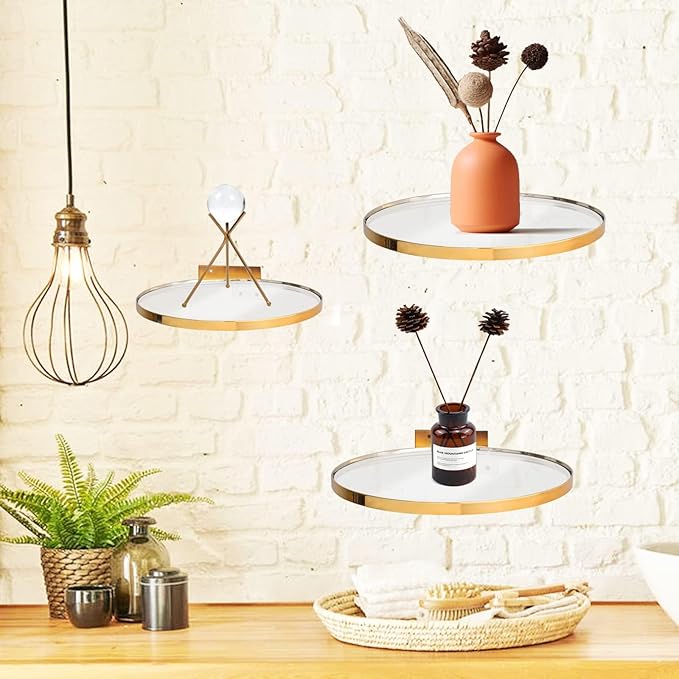 Cityelf Floating Shelves Wall Mounted Wall Decor Iron Glass Hanging Shelf Home Decor Set of 3 Display Ledge Shelves for Living Room Bedroom Office-Gold-S