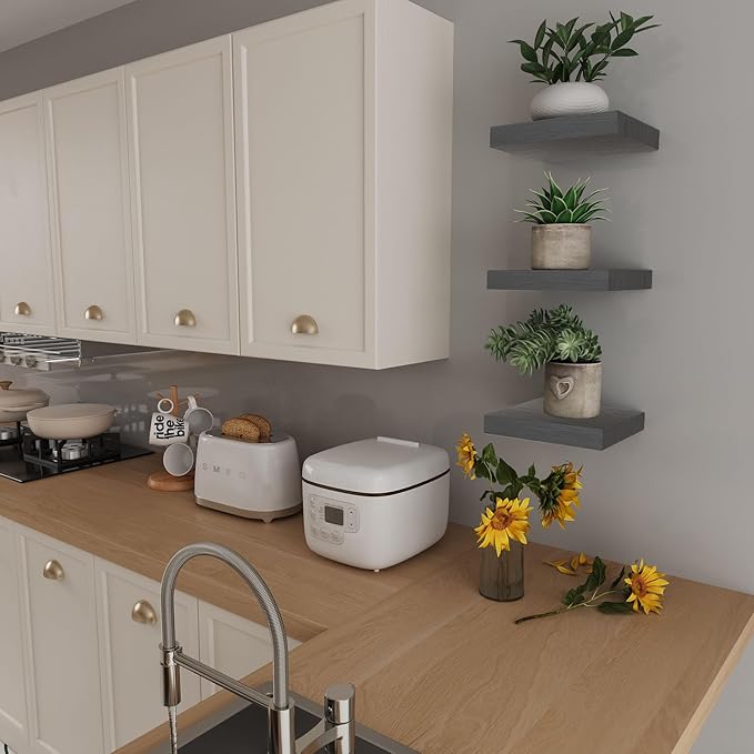 Small Floating Shelves for Wall - 9 Inch Mini Square Grey Shelves for Bedroom, Living Room, Bathroom, Kitchen, Office Decor Set of 3