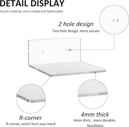 6 Inches Acrylic Small Wall Shelves 2 Pack, Floating Shelf for Wall Mounting, Acrylic Display Ledges for Funko Pop Figures, Home Décor, Living Room, Gaming Room, Plants(6 inch, Clear)