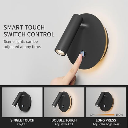 Aisilan 2-Pack Modern Wall Sconce with Touch Switch, Dimmable 6W Adjustable Wall Lamp, Dual-Mode Hardwired Bedside Lights, Black Wall Mounted Lighting for Bedroom, Living Room & Hallway