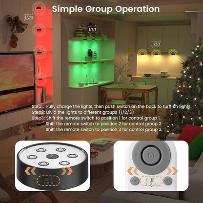 Onumii Rechargeable Puck Lights with Remote 2.4G Under Cabinet Lighting 2600mAh Sync and Groupable Color Changing Magnetic Stick on Tap Lights for Cabinet, Shelves, Display Case (6Pack Black)