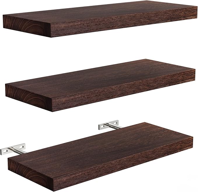 3 Pack Floating Shelves, 16in Brown Paulownia Wood, Rustic Style, Wall Mounted Storage Shelves for Kitchen, Living Room, Bedroom, Bathroom Decor, 75lbs Load Capacity
