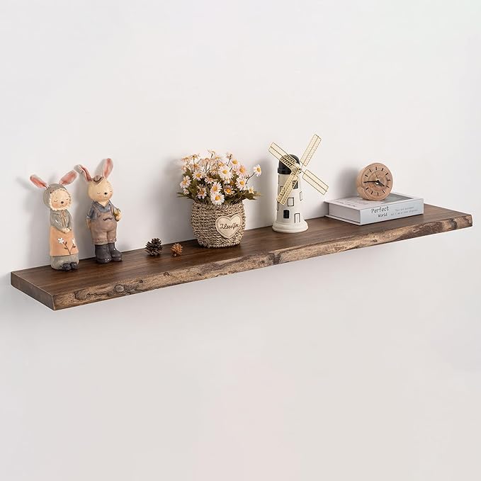 Live Edge Floating Shelf, 48 Inch Solid Elm Wood - Vintage Rustic Wood Wall Shelf with Invisible Brackets for Living Room, Kitchen, Bathroom