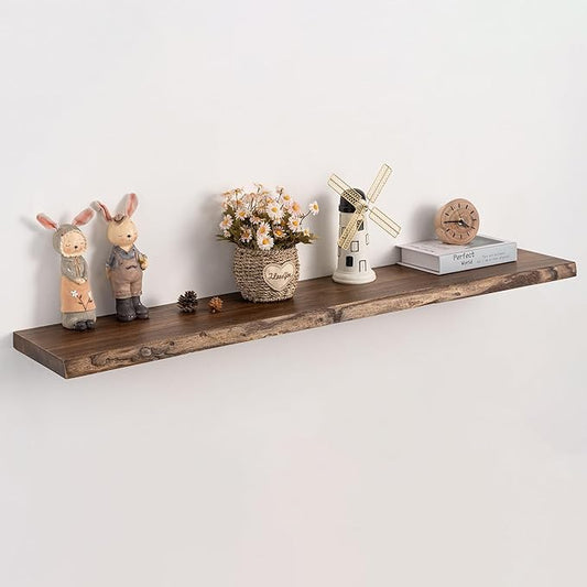 Live Edge Floating Shelf, 48 Inch Solid Elm Wood - Vintage Rustic Wood Wall Shelf with Invisible Brackets for Living Room, Kitchen, Bathroom
