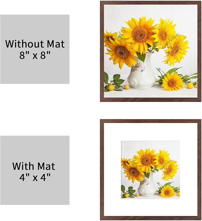 puthiac 8x8 Solid Oak Wood Picture Frame, Fits 4x4 with Mat or 8x8 Without Mat, Wall or Tabletop Display with Stand, Plexi Front, 3 Pack, Walnut