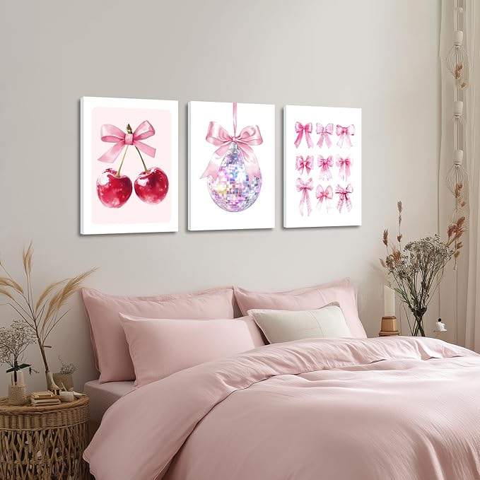 Zeredi Framed Pink Coquette Bow Trendy Preppy Wall Art Prints Set of 3, Coquette Room Decor, Preppy Room Dorm Decor Aesthetic, Pink Bow Cherry Disco Ball Wall Decor Posters for Girls Bedroom 12