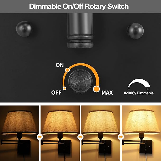 TRLIFE Dimmable Wall Sconce Plug in, Wall Sconces Set of Two Swing Arm Wall Lights with Plug in Cord and On/Off Dimmer Rotary Switch, 11.8
