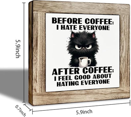 Funny Coffee Wooden Decor, Humorous Coffee Bar Wood Sign, I Feel Good About Hating Everyone, Funny Office Desk Decorative Sign, Farmhouse Cafe Decor Signs 5.9X5.9 Inches