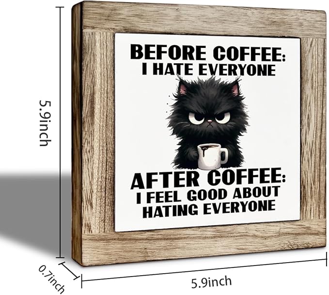 Funny Coffee Wooden Decor, Humorous Coffee Bar Wood Sign, I Feel Good About Hating Everyone, Funny Office Desk Decorative Sign, Farmhouse Cafe Decor Signs 5.9X5.9 Inches