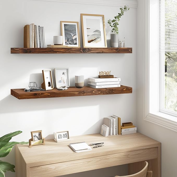 48x6.8x2in Floating Shelf – Natural Brown Solid Wood Rustic Mounted Shelf – Heavy Duty Decorative Storage for Living Room, Kitchen, Bathroom, Bedroom