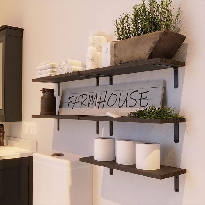 RICHER HOUSE Floating Shelves for Wall Décor, Rustic Wood Wall Mounted Shelves for Bedroom Set of 5, Farmhouse Shelf for Bathroom, Hanging Shelves for Storage - Deep Brown