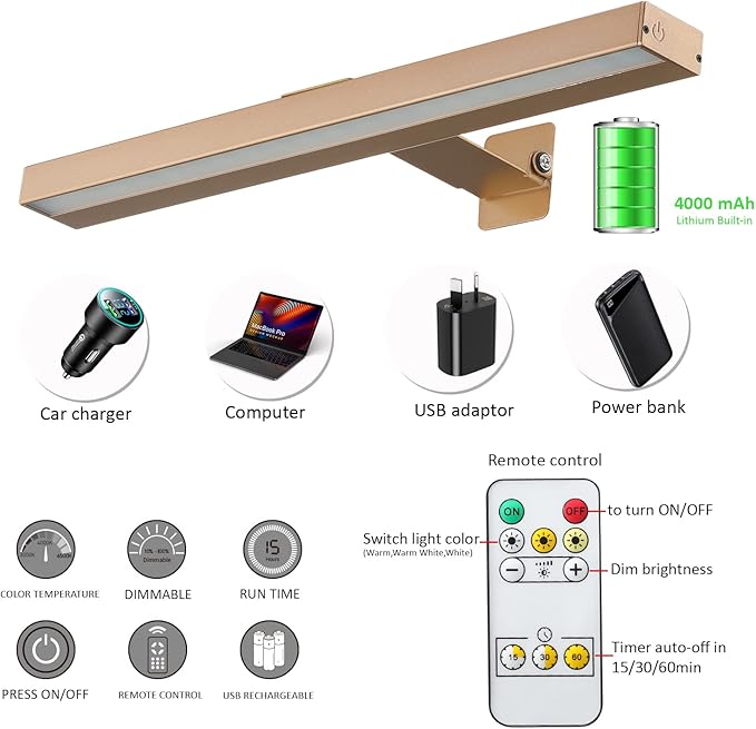 Picture Lights with Remote, Rechargeable Battery Painting Light, Dimmable/Timer Off 16 Inch Full Metal Art Display Light with 50LEDs for Picture Artwork Gallery Dartboard