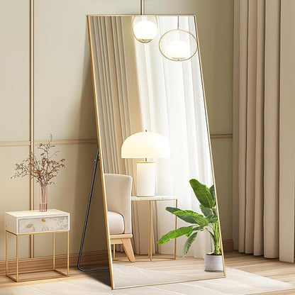 DUMOS Full Length Mirror with Stand, 56"x21" Floor Mirror with Aluminum Alloy Frame for Bedroom, Standing Full Body Mirror with Shatter-proorf Nano Glass for Wall, Living Room, Cloakroom, Gold