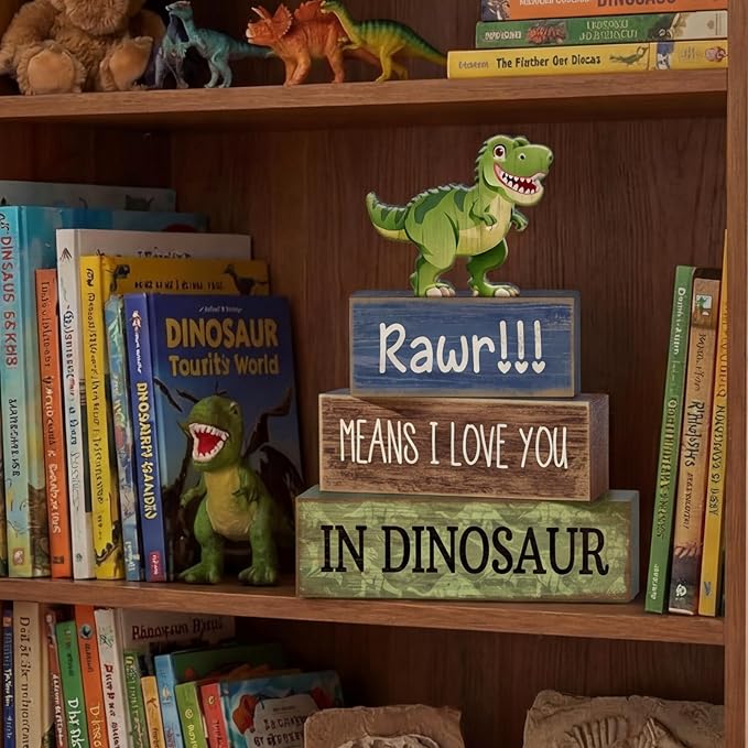 4 Pcs Dinosaur Table Decorations Wooden Dinosaur Decor Dino Safari Party Centerpieces for Table Jungle Animal Theme Baby Shower Tabletop Stand for Boys Girls Birthday Party Decorations