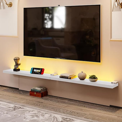 BAMEOS Floating Shelves with LED Lights, 31" White Wall Mounted Wooden Shelves with Invisible Brackets, Set of 2, Hanging Wall Shelves for Bedroom, Bathroom, Living Room and Kitchen Decoration