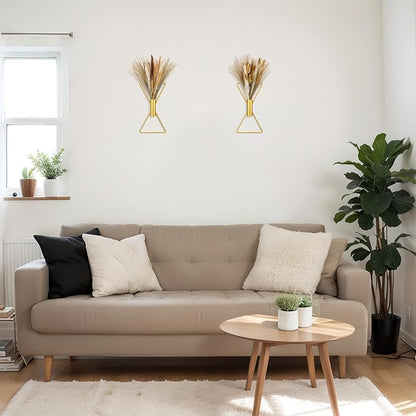 Peryiter 2 Pcs Boho Gold Wall Decor Metal Wall Art X Shaped Hanging Planters with Artificial Pampas Modern Home Gold Bathroom Decor for Bedroom Living Room