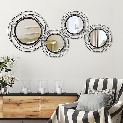 Cityelf 4 Set Mixed Size Black Circle Mirrors Wall Decor Iron Frame Wall Art Round Mirror Home Decor Hanging for Living Room/Bedroom/Bathroom/Entryway