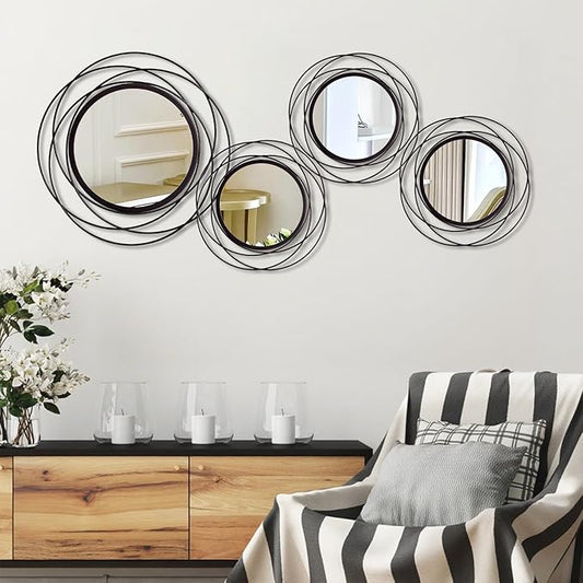 Cityelf 4 Set Mixed Size Black Circle Mirrors Wall Decor Iron Frame Wall Art Round Mirror Home Decor Hanging for Living Room/Bedroom/Bathroom/Entryway