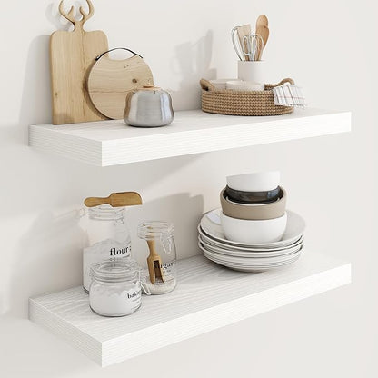 24in Floating Shelves for Wall, 24"W x 9.25"D x 1.25"H, 2 Pack Long Wall Mounted Engineered Wood Shelves with Invisible Brackets for Living Room, Bedroom, Bathroom, Kitchen Decor and Storage, White
