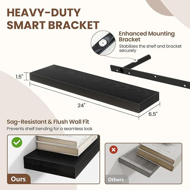 24 Inch Floating Shelves for Wall 2 Pack, 24" Wall Shelves for Books, Storage, Decor, Wall Mounted Floating Shelf with Invisible Brackets for Kitchen, Living Room, Black