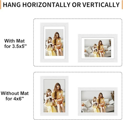 4x6 Picture Frame Set of 4, Displays 3.5x5 with Mat or 4x6 Without Mat, Photo Frames for Wall Hanging or Tabletop, Includes HD Plexiglass, White