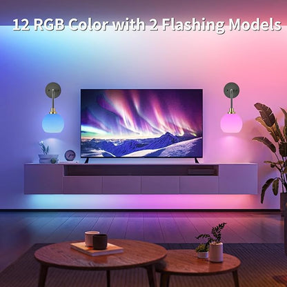Battery Operated Wall Sconces Set of 2, Black Gold Rechargeable Wireless Wall Lights with Milky White Shade, 12 RGB and 3CCT Dimmable Wall Lamps with Remote for Bedroom Living Room Hallway