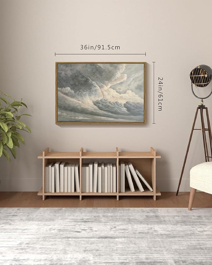 SHENIFY Landscape Framed Canvas Wall Art 24x36in Large Vintage Classical Clouds in the Sky Prints Hallway Bathroom Office Decor - Natural Framed