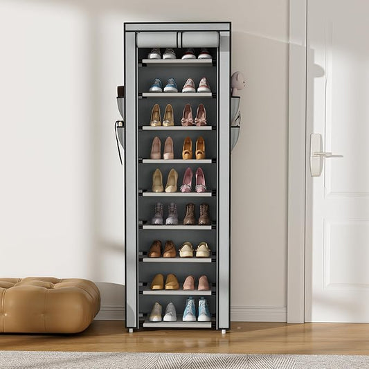 Shoe Rack with Cover Narrow Shoe Rack Organizer with 4 Side Pockets 10 Tier Tall Shoe Storage Shoe Shelf Holds 18-22 Pairs Shoes and Boots Shoe Rack for Closet, Grey