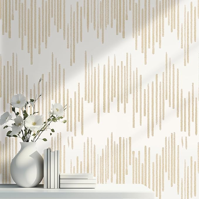 WENMER Beige Striped Wallpaper, Geometric Peel and Stick Wallpaper, 17.7''×590' Gold Contact Paper, Beige Self Adhesive Removable Wall Paper for Bathroom Cabinets Kitchen