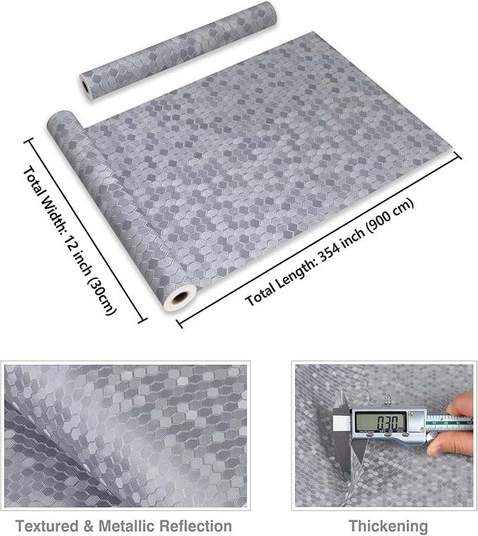 CRE8TIVE Thick Silver Grey Metallic Wallpaper for Kitchen Wallpaper Peel and Stick Textured 12"x354" Self Adhesive Hexagon Honeycomb Metal Contact Paper for Refrigerators Dishwashers Backsplash Walls