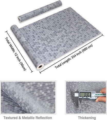 CRE8TIVE Thick Silver Grey Metallic Wallpaper for Kitchen Wallpaper Peel and Stick Textured 12"x354" Self Adhesive Hexagon Honeycomb Metal Contact Paper for Refrigerators Dishwashers Backsplash Walls