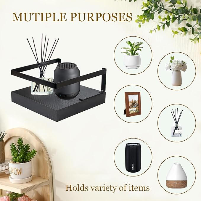 ARTORA Wall Mounted Plant Holder, Wooden Floating Shelf with Invisible Bracket Wall Mount Wood Rack Small Decorative Display Shelves with Gaurdrail for Bedroom Living Room Bathroom (Black,1 Pack)