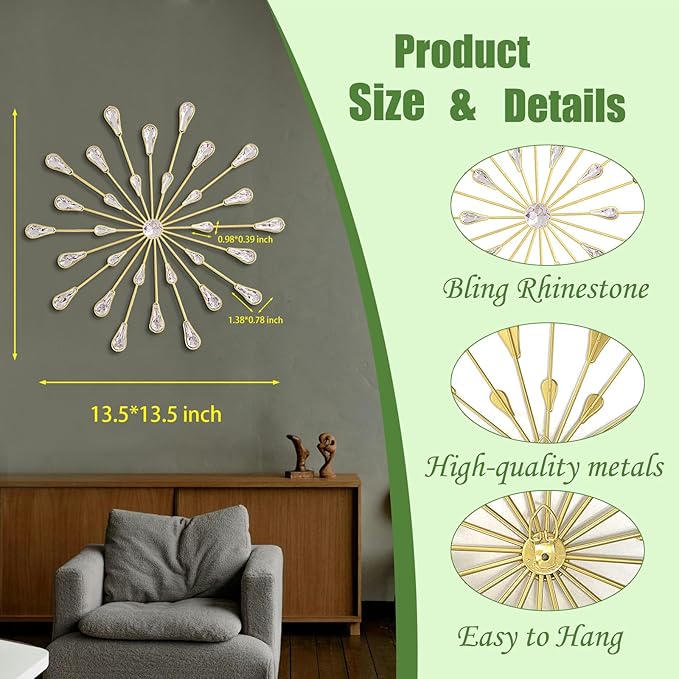 ZEXUIRU 3 Pack Gold Sunburst Wall Decor – Metal Crystal Wall Art with Sparkling Rhinestones, 14’’/18 Inch Starburst Wall Hanging Set for Living Room Bedroom Bathroom – Modern Bling Home Decorations