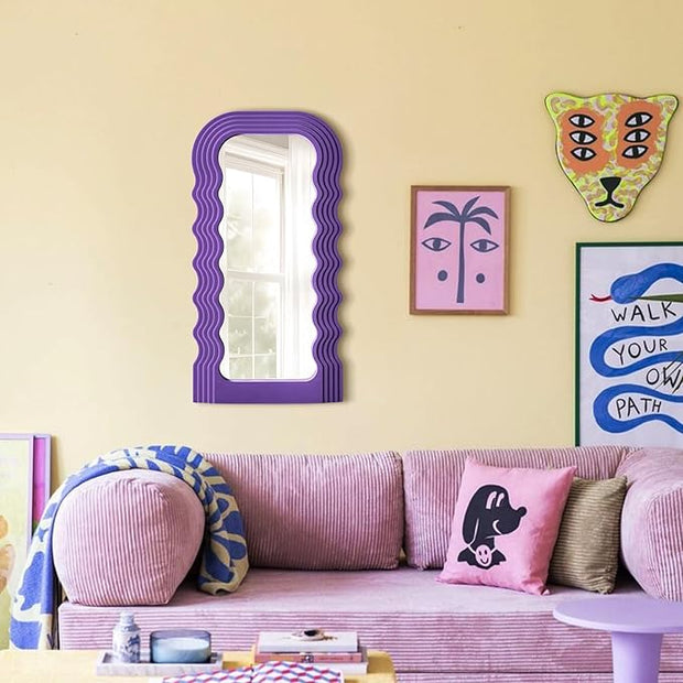 Wavy Wall Mirror for Girly Nursery Bedroom Decoration, 14x28 Noble Decorative Funky Mirrors for Modern Classical Home Office Living Room Housewarming Birthday Gift (Purple)