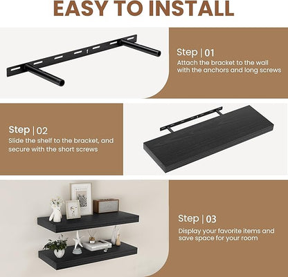 Fun Memories 9 Inch Deep Black Floating Shelves, Farmhouse Rustic Natural Wood Floating Shelf Wall Mounted, 30 x 9 Wall Shelves Set of 2, Deep Black Bathroom Shelves