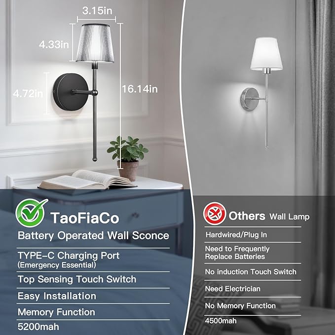 Battery Operated Wall Sconces Set of 2, Wireless Wall Sconce with Remote Dimmable Timer, Rechargeable 5200mAh, Cordless Wall Light for Bedroom Living Room, Hallway, Light Decor