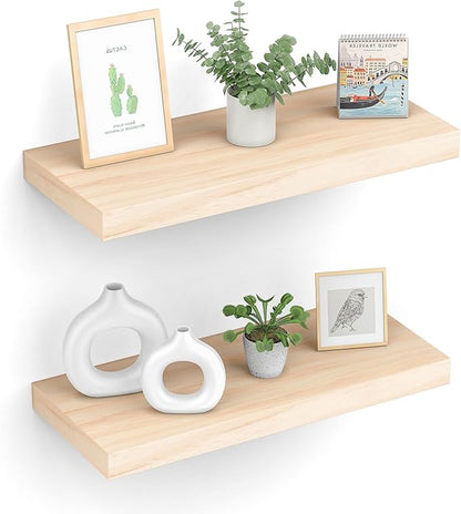 Floating Shelves (Set of 2) – Wall Mounted Shelves for Home Décor and Storage, Natural Pine Wood, Suitable for Living Room and Bedroom (Unfinished, 15.7" x 6.7" x 1.2")