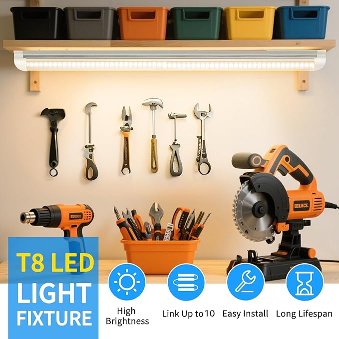 CNSUNWAY LED Shop Light 2FT, 20W 3000LM, 3000K Warm White, T8 LED Tube Lights, Ceiling and Utility Shop Lights, Linkable Light Fixture for Room, Garage, Workbench, ETL Listed (Pack of 2)