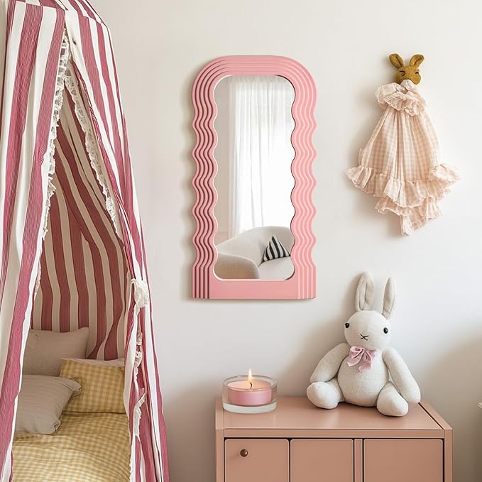 Wavy Mirror Wall Decor for Girly Bedroom, 14x28 Abstract Decorative Mirrors for Modern Apartment Nursery Room Decoration, Large Hanging Wall Art Above Dresser Desk Table Decor (Light Pink)