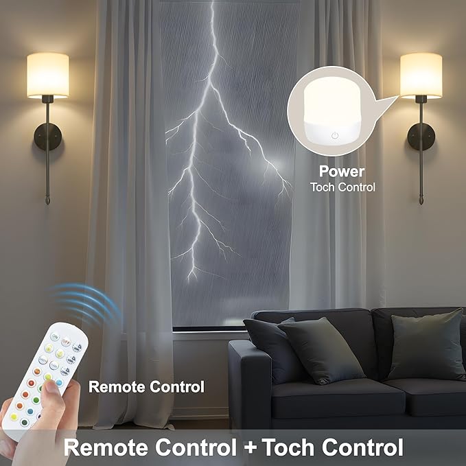 Battery Operated Wall Sconce Set of Two, 15 Colors Rechargeable Wall Lamp with Dimmable Bulbs and Remote, Black Wireless Wall Sconce for Bedroom Living Room Hallway