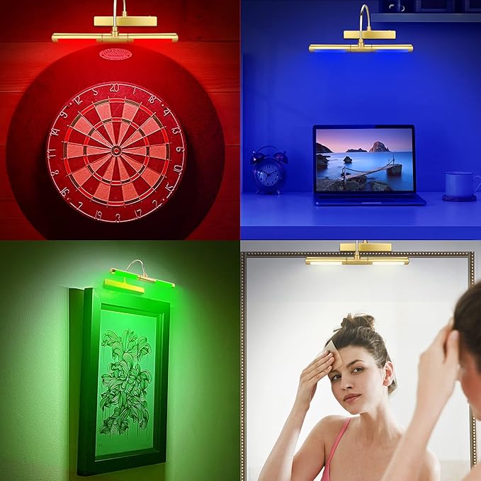LUXSWAY Wireless Picture Lights for Paintings,Recgargeable Battery Art Display Light with Remote Control,Dimmable and Timer Off Dart Board Light with Aluminum Finish,Upgrade 12 Color Changing-Gold