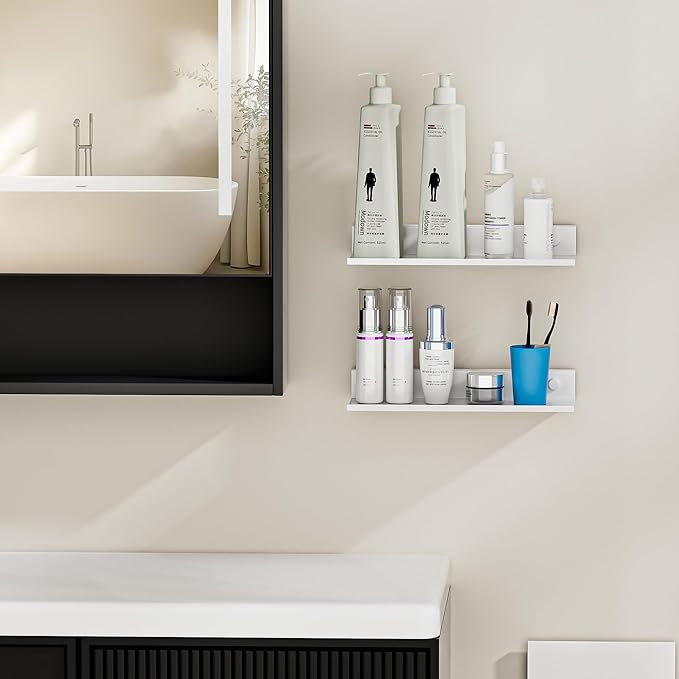 Floating Shelves for Wall 11.8Inch, Metal Adhesive Wall Shelves Set of 2, Modern Floating Shelf Mounted Display Storage for Bedroom, Living Room, Bathroom, Kitchen, Office